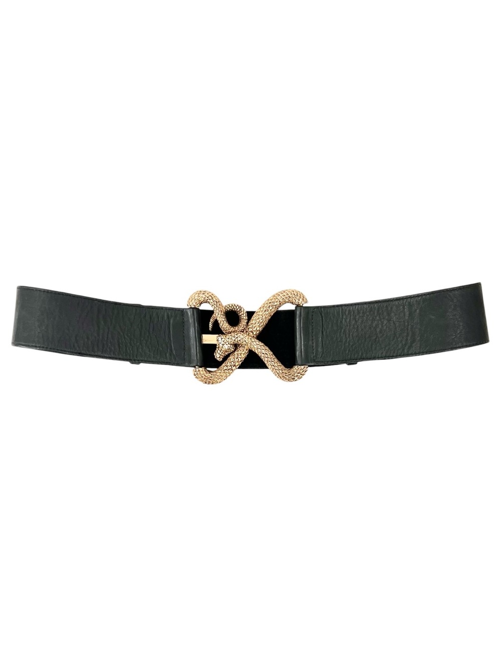 Vintage Made In USA Raina Black Leather Gold Snake Buckle Statement Leather Belt
